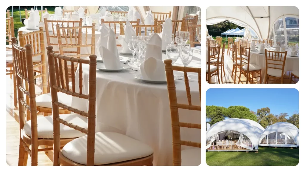 Chaises Chiavari en bois avec coussins blancs autour de tables dressées, dans une réception lumineuse sous dôme événementiel.