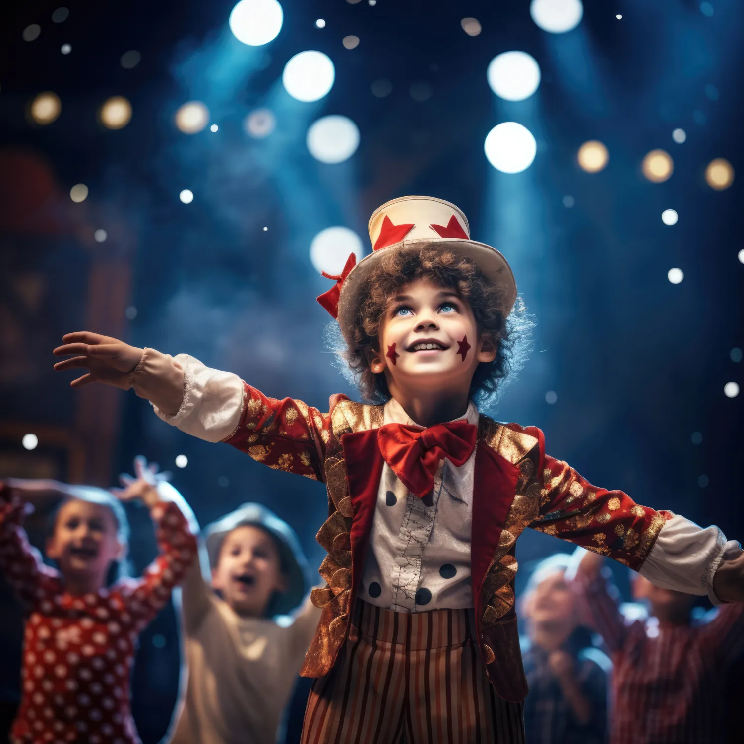 Enfants assis devant un spectacle de Noël sur un arbre de Noël d'entreprise