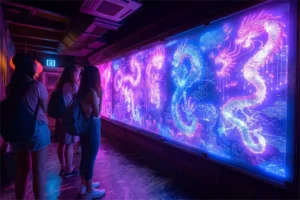 Mur d'images animé aux motifs lumineux, visiteurs de dos