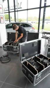 Technicien préparant du matériel audiovisuel rangé dans des flight cases