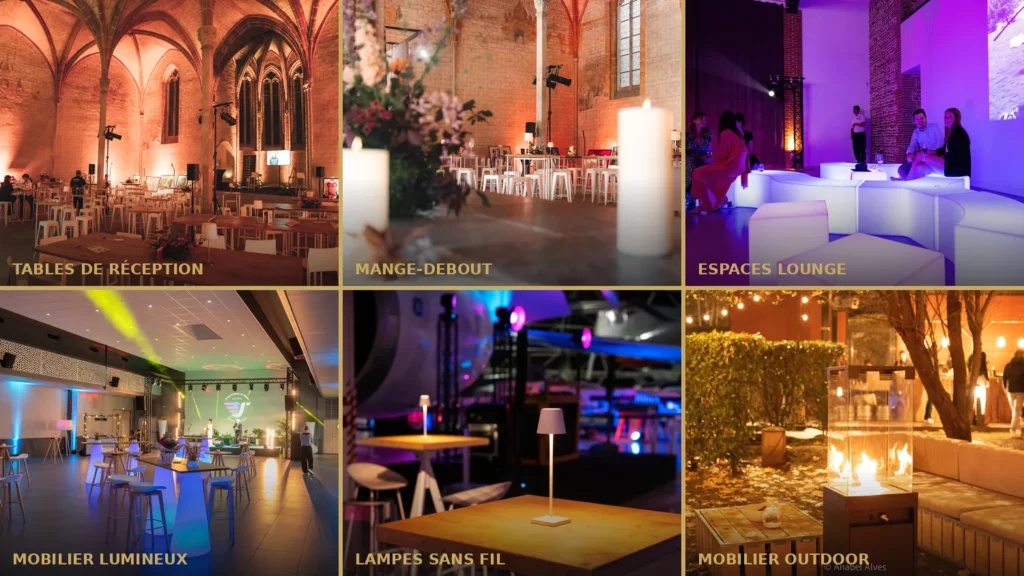 Familles de mobilier événementiel PSB Lounge : tables de réception, mange-debout, espaces lounge, mobilier lumineux et outdoor