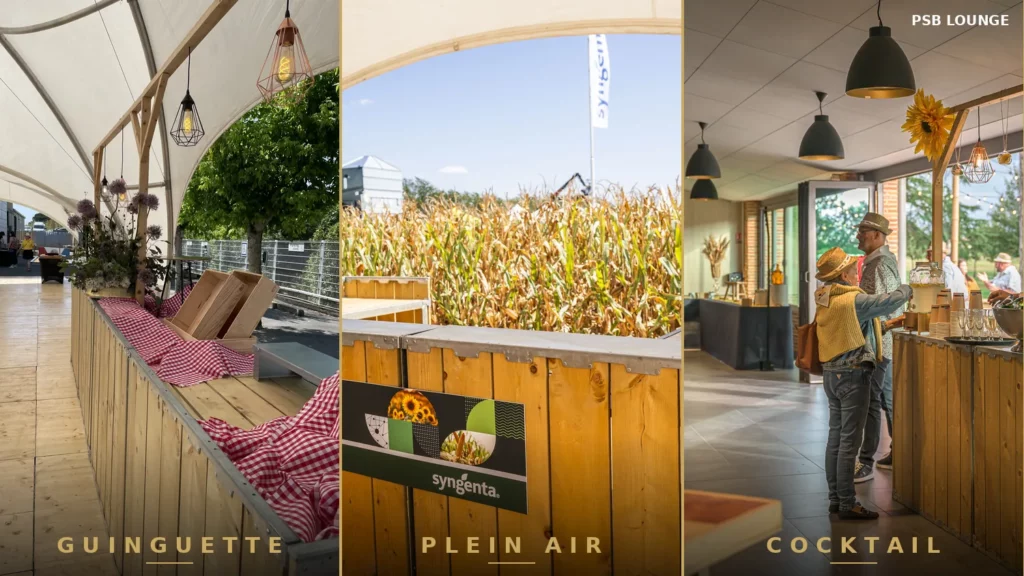 Bar en bois PSB Lounge en journée dans trois contextes : guinguette sous tente, plein air et cocktail de réception