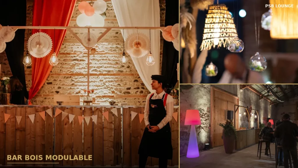 Bar en bois modulable PSB Lounge habillé pour un événement, configuration en comptoirs
