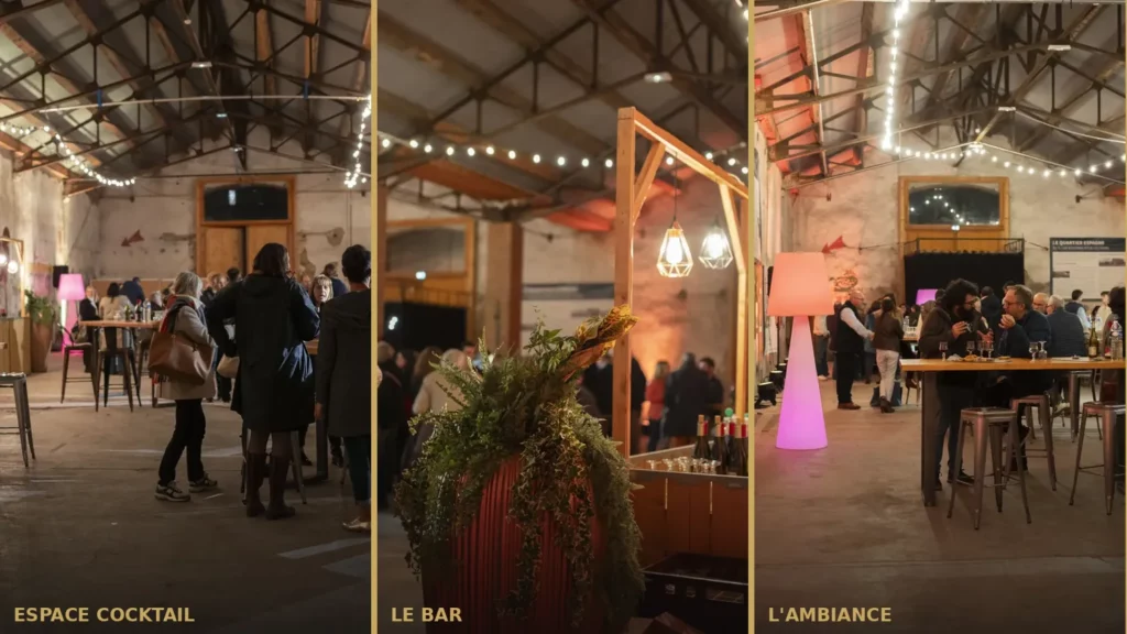 Les trois zones d'un cocktail PSB Lounge : espace cocktail, bar et ambiance