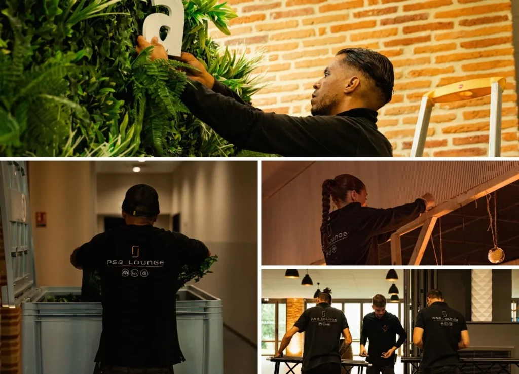 Montage de décoration événementielle réalisé par les équipes PSB Lounge