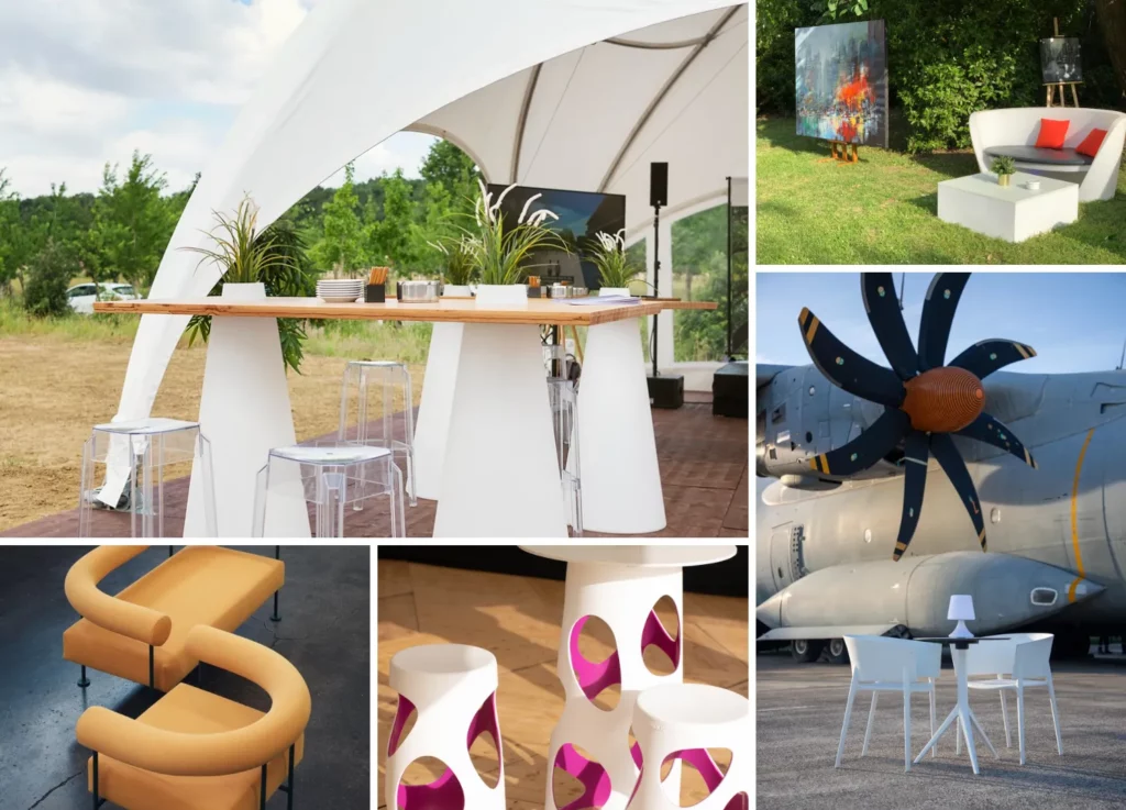 Location de mobilier design, tables hautes et aménagement sous dôme événementiel par PSB Lounge