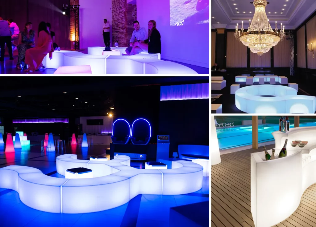 Mobilier lumineux LED, salons lounge et décoration événementielle premium installés par PSB Lounge