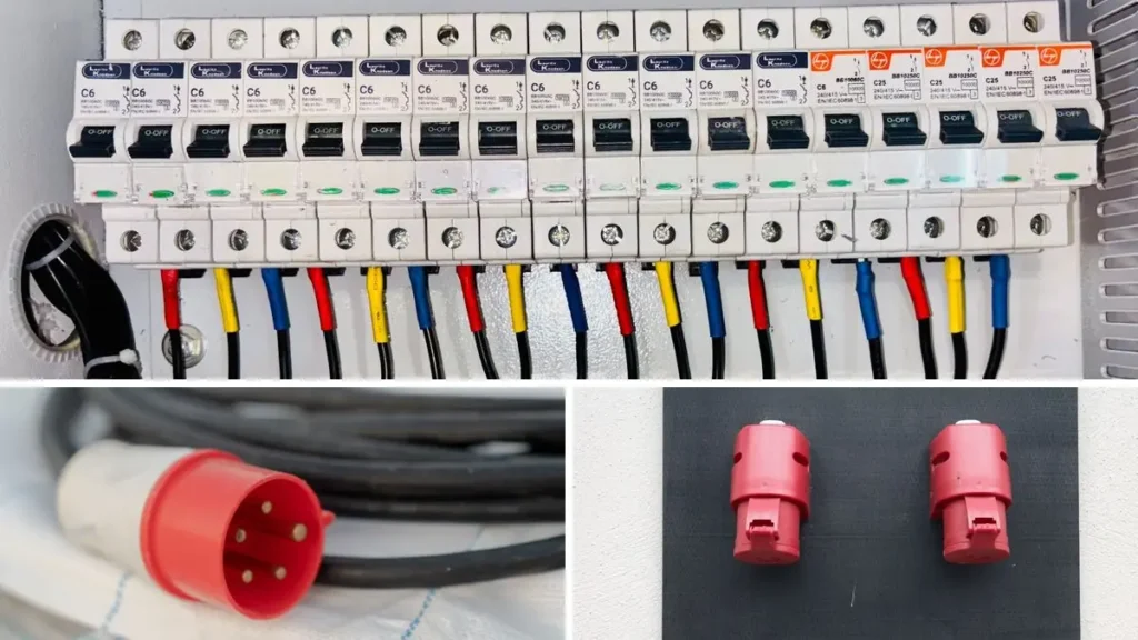 Coffret électrique événementiel, prise CEE P17 rouge et câbles de raccordement pour l'alimentation d'un événement