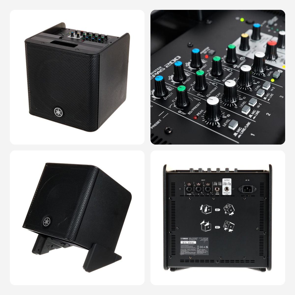 Enceinte de sonorisation portable sur batterie vue de face, de trois quarts, de dos et détail de sa console de mixage intégrée