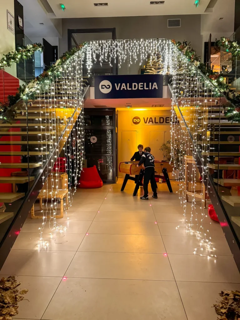 Arche de rideaux lumineux à l'entrée de la fête de Noël de Valdelia à Labège, sapins naturels de part et d'autre