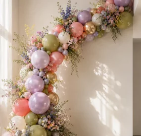 Arche organique de ballons pastel avec fleurs pour décoration événementielle élégante